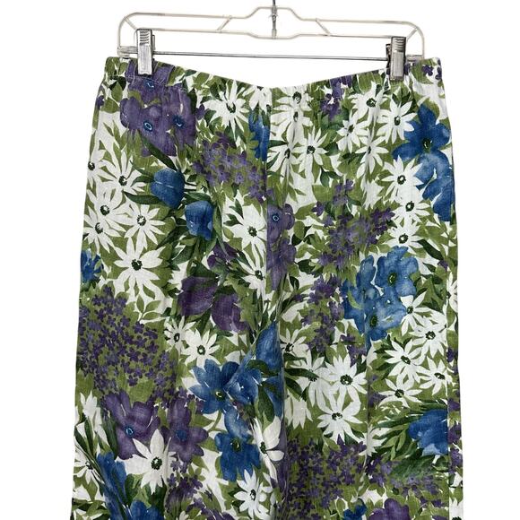 Hot Cotton Pants 100% Linen Wide Leg Pull On Womens Medium Floral Resort Cruise - Picture 7 of 9
